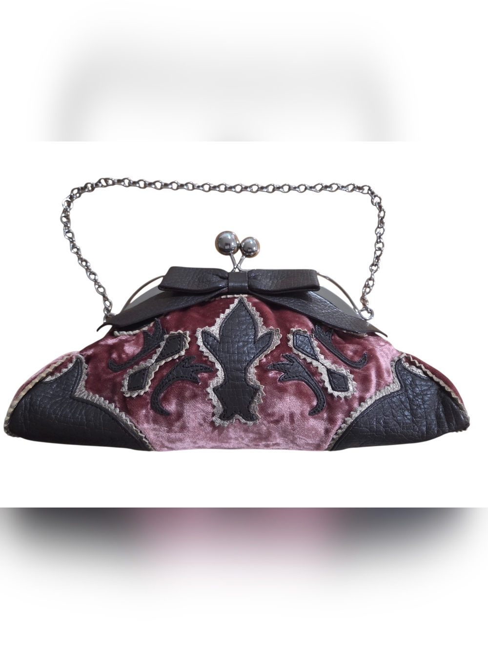 Velvet and Leather Appliqué Bow Top-Handle Clutch - Pink & Brown